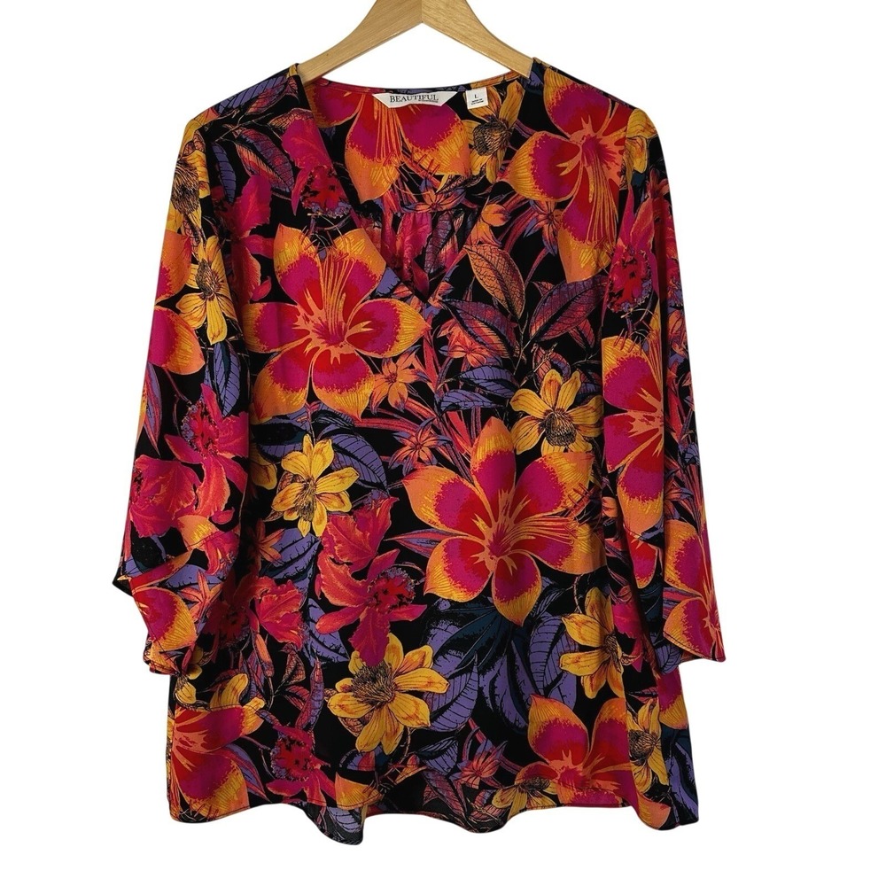 Beautiful by Lawrence Zarian Tropical Blouse Womens Large Colorful Resort Cruise
